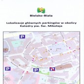 Lokalizacje głównych parkingów w okolicy Katedry pw. św. Mikołaja w Bielsku-Białej.